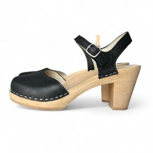 Maguba Bologna Y2K Clog Heels Black Leather Wood Open Toe Women's Sz 40/8-9